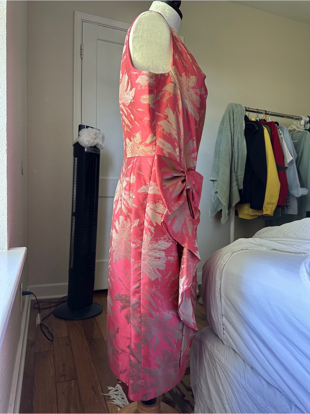 Rickie Freeman Teri Jon Pink Metallic Jacquard Bow Wedding Guest Dress 14 - Picture 4 of 12